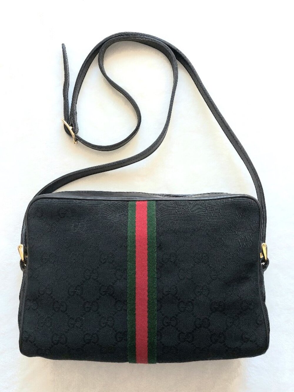Vintage Gucci Black GG Jacquard Woven Textile Sherry Line Crossbody Bag PRISTINE - Picture 2 of 16